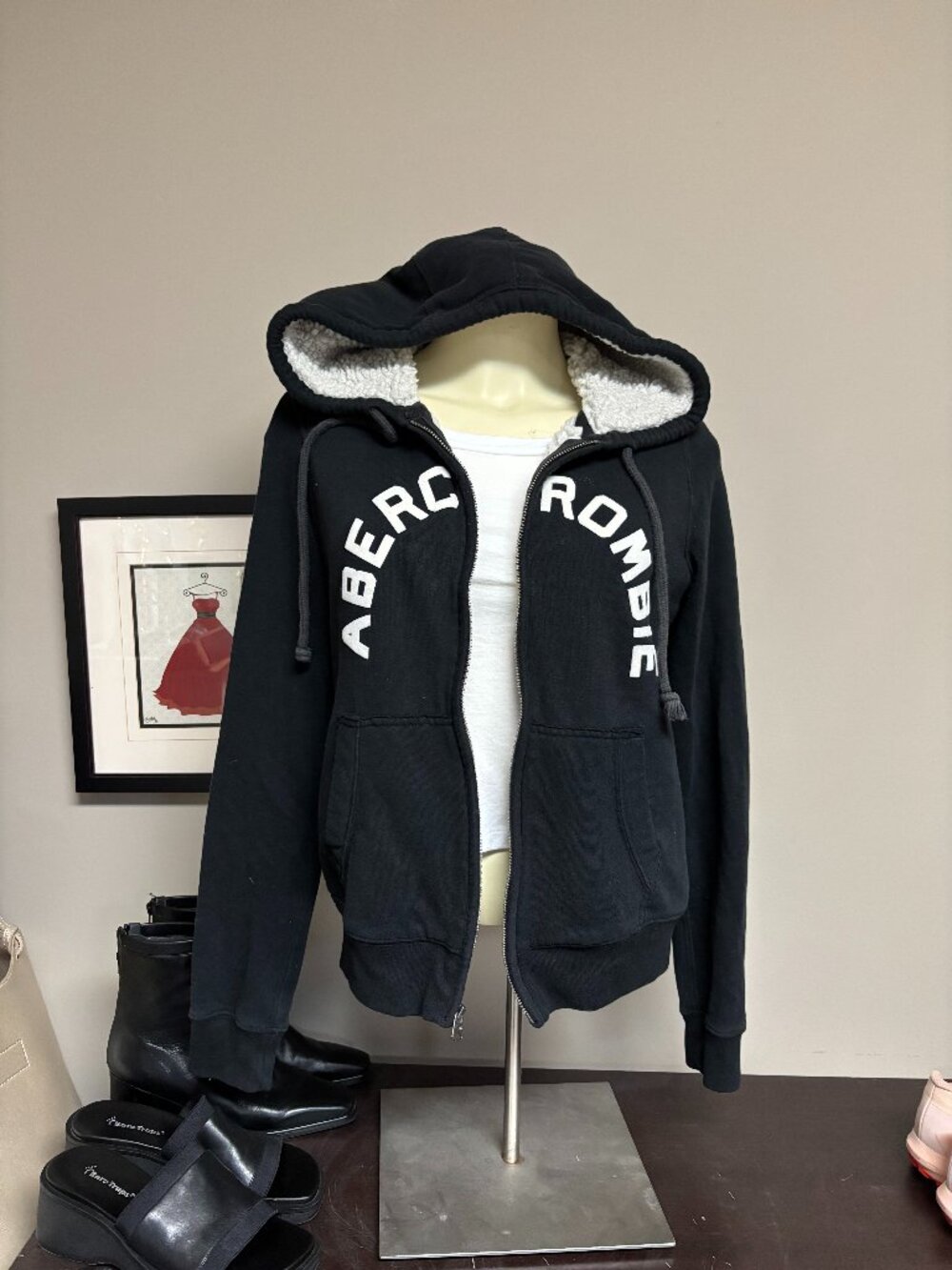 Abercrombie Black Sherpa Lined Hoodie Jacket Y2K